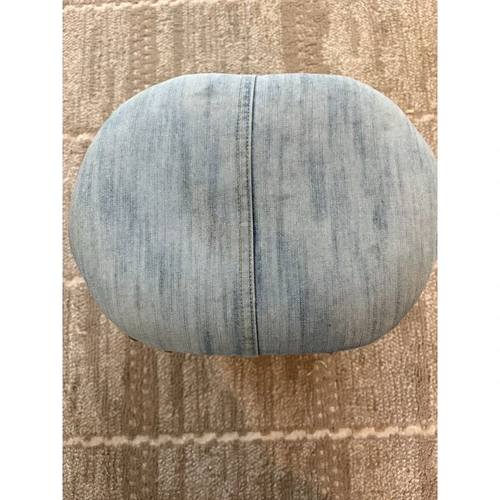 Rustic Distressed Wood Footstool Blue Denim Upholstered Nailhead Farmhouse 11